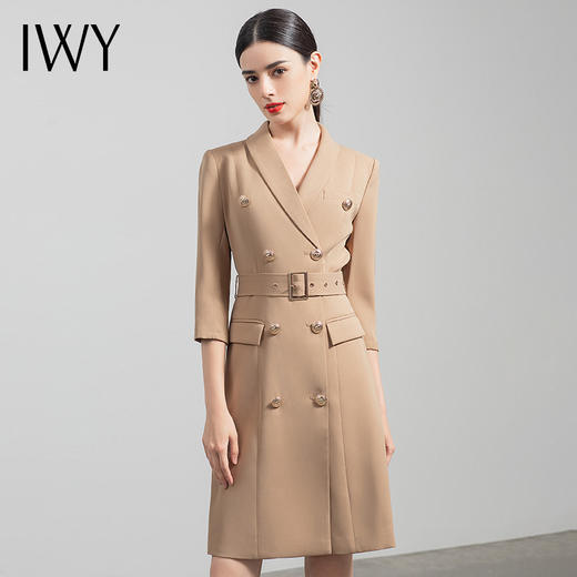 IWY/气质双排扣卡其色西装连衣裙女收腰显瘦职业女裙七分袖通勤工作服Q470 商品图1