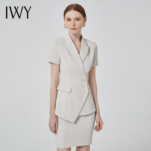 IWY/气质名媛职业装杏色西装套装女薄款时尚短袖套裙通勤商务工作服C10409+S10409米白 商品图0