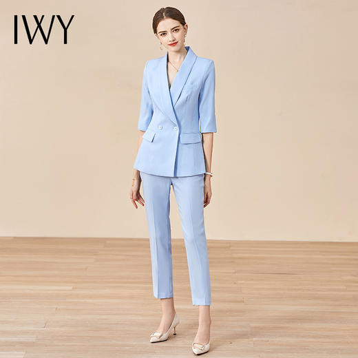 IWY/高端时尚正装蓝色西装套装职场女装五分袖通勤气质西服套裤职业装CP10226蓝色 商品图3