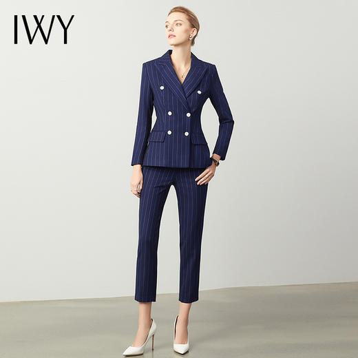 IWY/藏青色条纹职业西装套装女薄款商务工装时尚气质修身双排扣工作服CP871 商品图2
