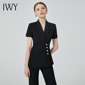 IWY/高端职业装女气质薄款短袖西装黑色双排扣时尚工作服套装总裁正装C10409+P10409黑色