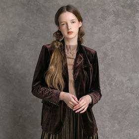 famecoco范可儿西装外套女秋长袖正装修身复古丝绒小西服D216AB301