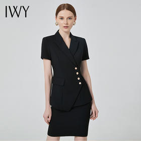 IWY/高端职业装女气质薄款短袖西装套裙双排扣时尚修身工作服总裁正装C10409+S10409黑色
