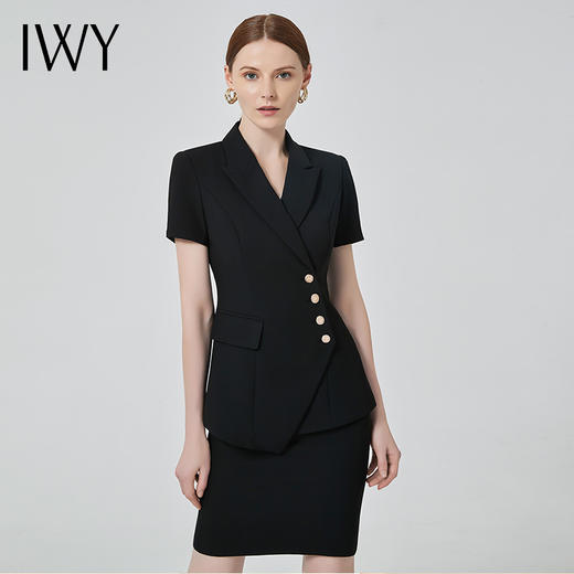 IWY/高端职业装女气质薄款短袖西装套裙双排扣时尚修身工作服总裁正装C10409+S10409黑色 商品图0
