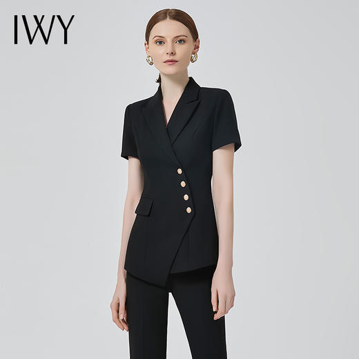 IWY/高端职业装女气质薄款短袖西装黑色双排扣时尚工作服套装总裁正装C10409+P10409黑色 商品图1