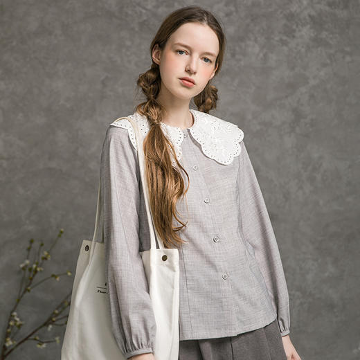 Famecoco范可儿荷叶领衬衫女秋灯笼袖甜美减龄衬衣F216BH019 商品图1