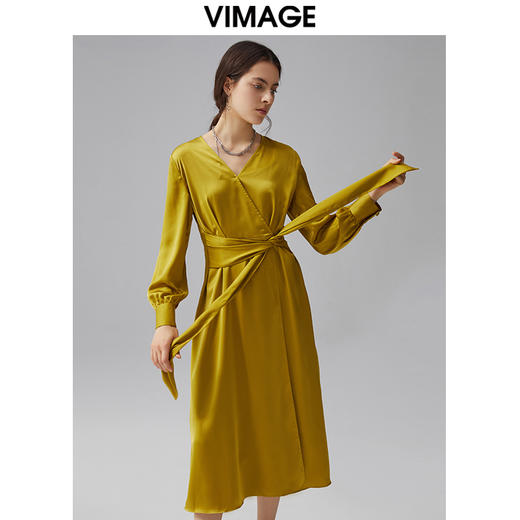 VIMAGE/纬漫纪秋季新款系带束腰高贵优雅纯色V领显瘦连衣裙VC2107236 商品图2