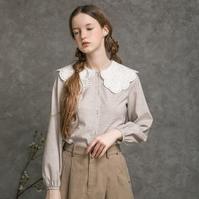 Famecoco范可儿荷叶领衬衫女秋灯笼袖甜美减龄衬衣F216BH019