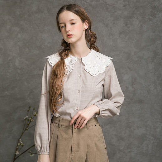 Famecoco范可儿荷叶领衬衫女秋灯笼袖甜美减龄衬衣F216BH019 商品图0