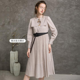 Famecoco范可儿立领连衣裙秋款长袖收腰复古裙(附腰带)F216FA020