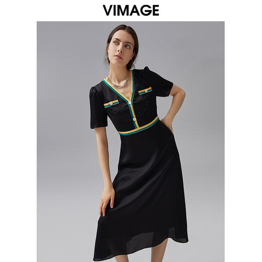 VIMAGE纬漫纪夏季新款时尚条纹撞色简约V领高腰显瘦A字连衣裙V1507180 商品图2
