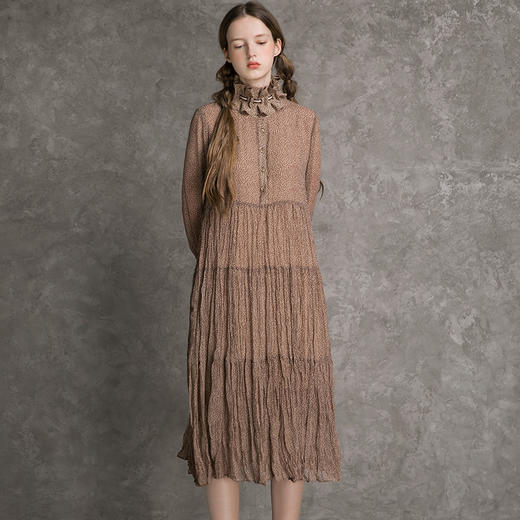 famecoco范可儿雪纺印花连衣裙秋季法式长袖薄款宽松裙子长款D216FA300 商品图0