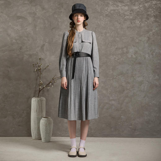 Famecoco范可儿立领连衣裙秋款长袖收腰复古裙(附腰带)F216FA020 商品图4