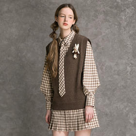 famecoco范可儿格子套装裙女秋学院风马甲百褶裙减龄两件套D216EA301