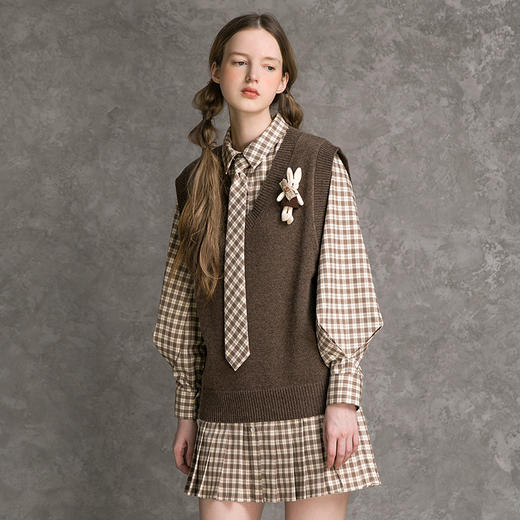 famecoco范可儿格子套装裙女秋学院风马甲百褶裙减龄两件套D216EA301 商品图0
