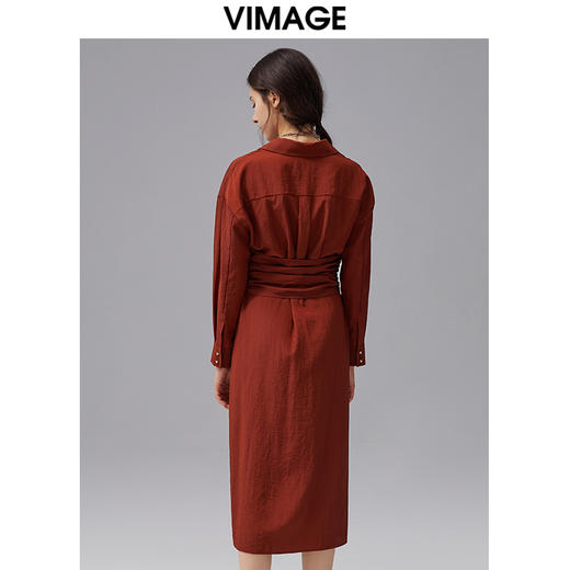 VIMAGE/纬漫纪秋季新款束腰优雅纯色开叉V领显瘦连衣裙VC2107230 商品图3