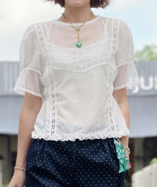 TYNVIE 领口装饰蕾丝拼接短袖上衣-白色 商品图6