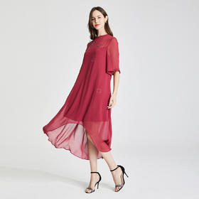 RF8A9斯尔丽瑟俪春季新款圆领复古宽松下摆不规则中袖中长款连衣裙