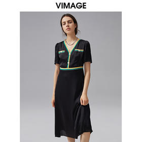 VIMAGE纬漫纪夏季新款时尚条纹撞色简约V领高腰显瘦A字连衣裙V1507180