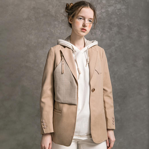 Famecoco范可儿女士西装秋季长袖休闲小西服拼接格子外套D216AW300 商品图3