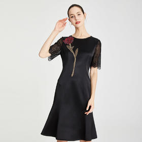 RF8B4斯尔丽瑟俪2021年春季上新高端优雅收腰短袖鱼尾玫瑰花连衣裙