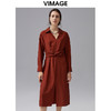 VIMAGE/纬漫纪秋季新款束腰优雅纯色开叉V领显瘦连衣裙VC2107230 商品缩略图0