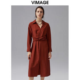 VIMAGE/纬漫纪秋季新款束腰优雅纯色开叉V领显瘦连衣裙VC2107230