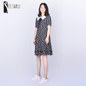 圣三利女装夏季中长款娃娃领雪纺碎花连衣裙SL221L12