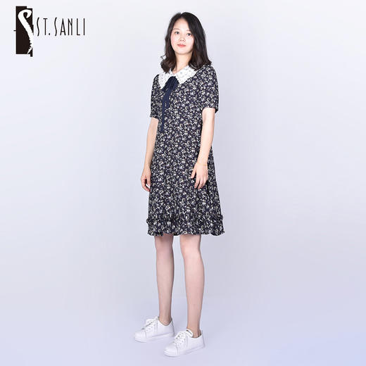 圣三利女装夏季中长款娃娃领雪纺碎花连衣裙SL221L12 商品图0