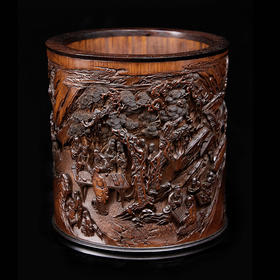 S 西园雅集老竹雕笔筒17x15.5cm ZYXD