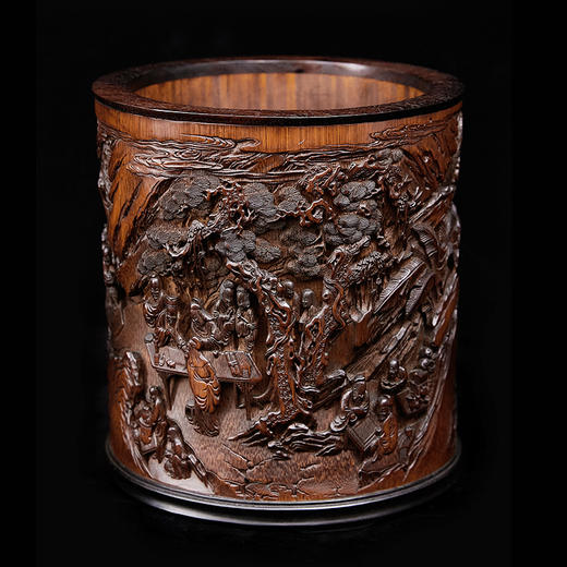 S 西园雅集老竹雕笔筒17x15.5cm ZYXD 商品图0