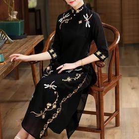 KDS2147 2021夏新款女装文艺绣花禅服茶艺服连衣裙开叉改良汉服