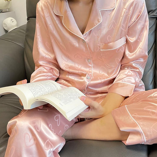 【睡衣】春夏冰丝女士印花爱心粉色蓝色长袖长裤睡衣套装薄款家居服可外穿 商品图0