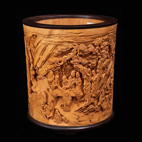 S西园雅集黄杨木笔筒18x15.5cm ZYXD