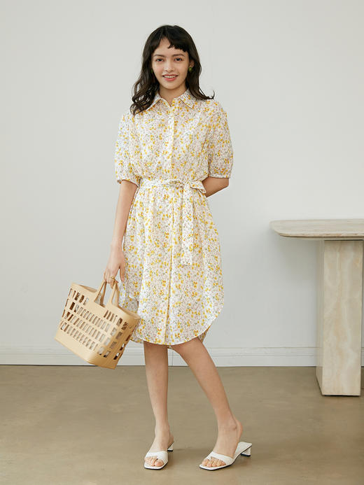 HeyDress黄色碎花裙女夏季衬衫裙收腰中长款连衣裙短袖法式裙子 商品图3