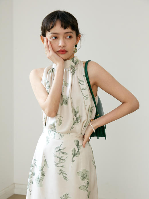 HeyDress烟雨挂脖吊带背心女夏削肩印花外穿无袖小衫法式复古性感内搭上衣 商品图0