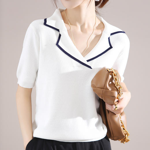 【气质翻领】冰丝亚麻针织短袖 轻盈优雅 经典撞色 减龄显瘦 商品图0
