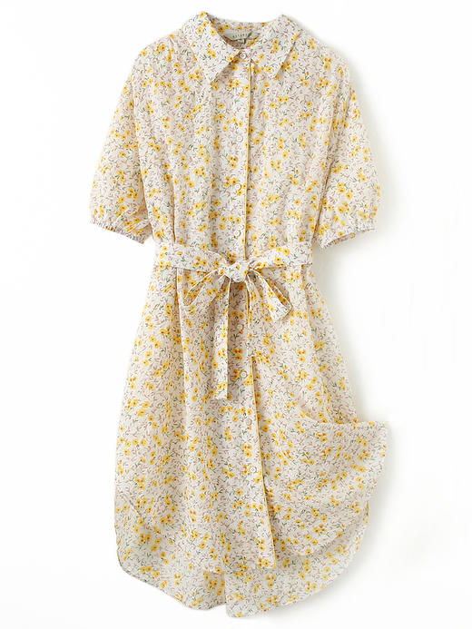 HeyDress黄色碎花裙女夏季衬衫裙收腰中长款连衣裙短袖法式裙子 商品图4