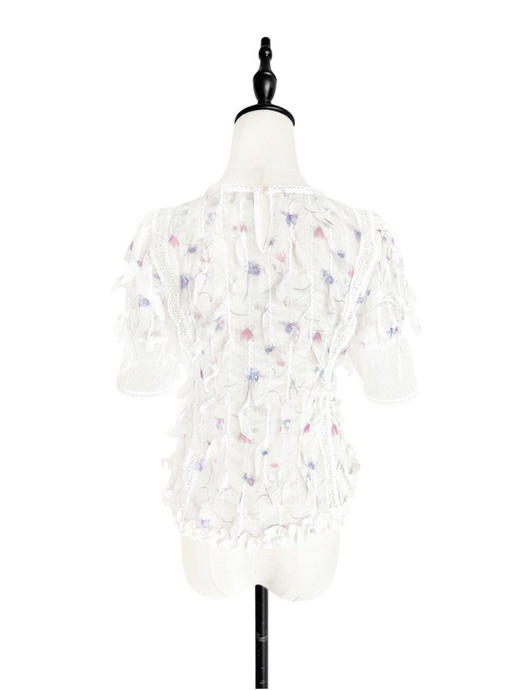 TYNVIE 领口装饰蕾丝拼接短袖上衣-印花 商品图5