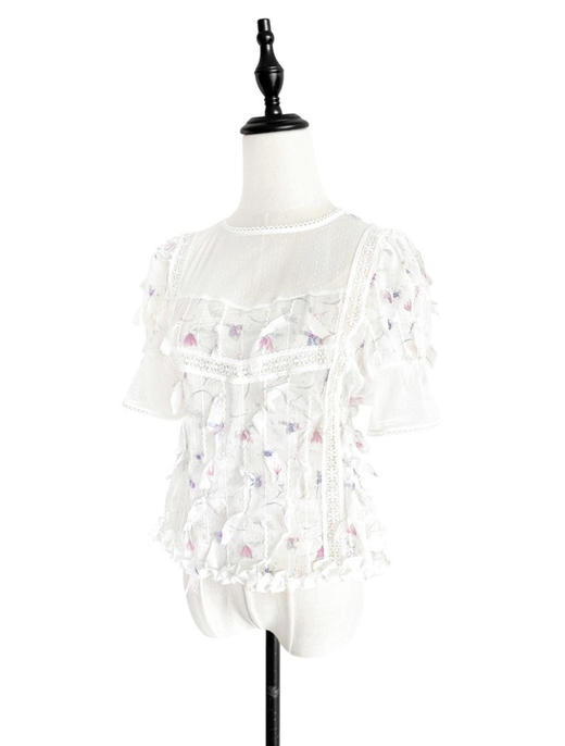 TYNVIE 领口装饰蕾丝拼接短袖上衣-印花 商品图2