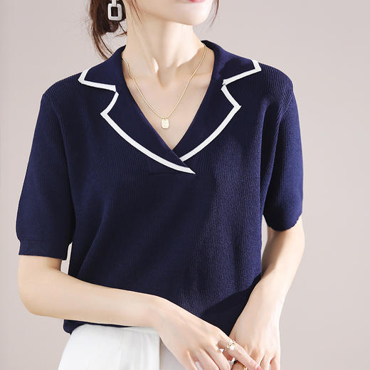 【气质翻领】冰丝亚麻针织短袖 轻盈优雅 经典撞色 减龄显瘦 商品图2