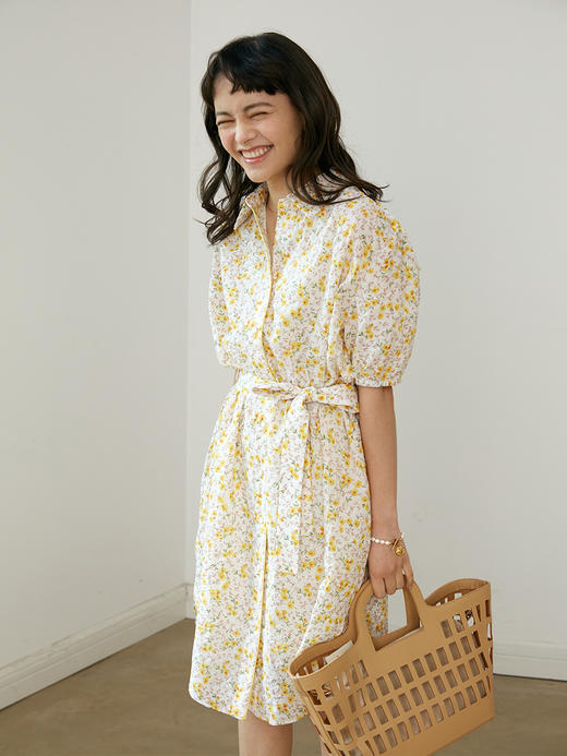 HeyDress黄色碎花裙女夏季衬衫裙收腰中长款连衣裙短袖法式裙子 商品图0