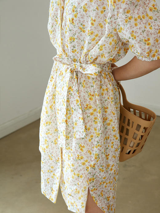 HeyDress黄色碎花裙女夏季衬衫裙收腰中长款连衣裙短袖法式裙子 商品图1