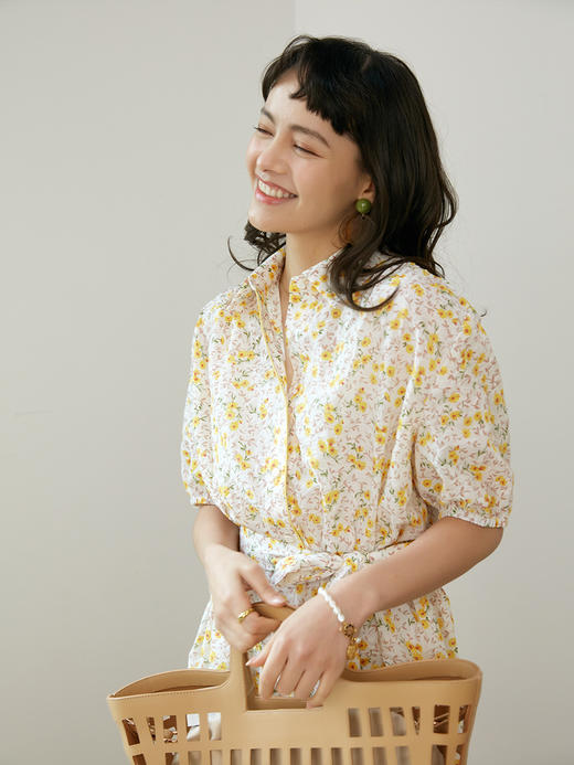 HeyDress黄色碎花裙女夏季衬衫裙收腰中长款连衣裙短袖法式裙子 商品图2