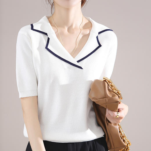 【气质翻领】冰丝亚麻针织短袖 轻盈优雅 经典撞色 减龄显瘦 商品图1