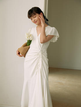 HeyDress白色连衣裙女夏气质V领茶歇裙法式复古收腰显瘦温柔长裙雪纺裙子