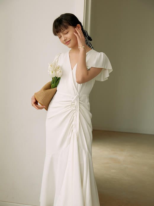 HeyDress白色连衣裙女夏气质V领茶歇裙法式复古收腰显瘦温柔长裙雪纺裙子 商品图0