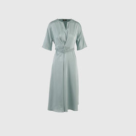 腰部装饰包扣简约V领连衣裙