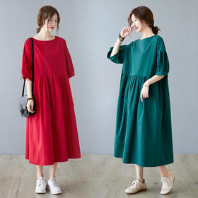 GYH  6556复古宽松大码中长款休闲遮肚棉麻连衣裙