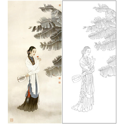 王美芳竖幅工笔传统仕女人物白描底稿《红了樱桃绿了芭蕉》-多种白描尺寸可选-B173 商品图0